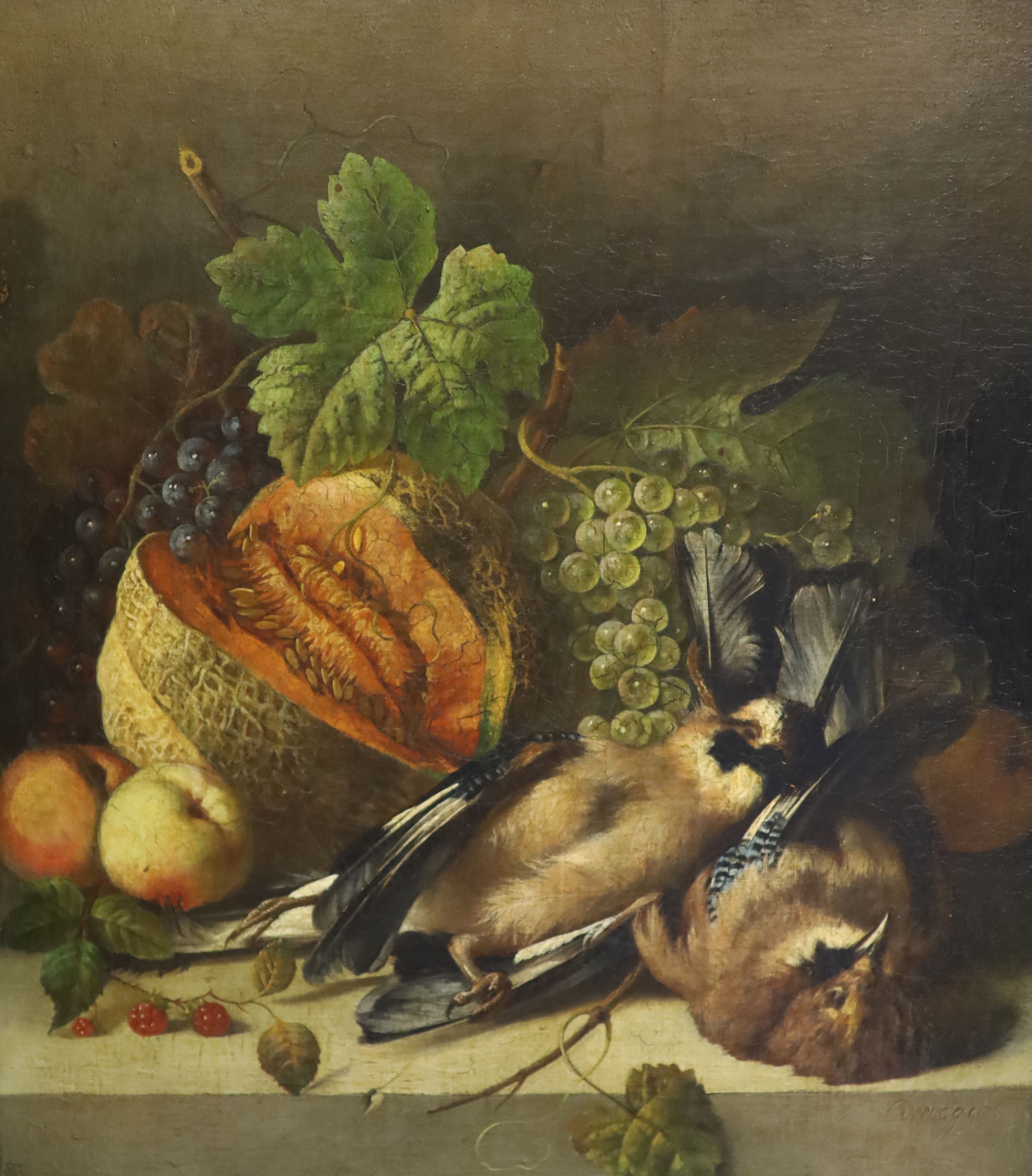 Max Correggio (German, 1854-1908), oil on canvas, still life of fruit with dead jays, bears signature, 57 x 50cm.